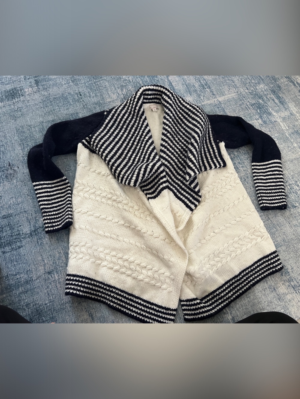 GAP Navy and Cream Striped Open-Front Cable Knit V-Neck Sweater